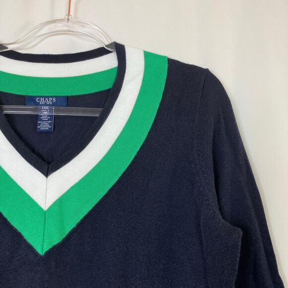 Chaps | 3/4 Sleeve Sweater Navy Blue V-Neck Stripe Cotton Blend Womens Large - Picture 2 of 4
